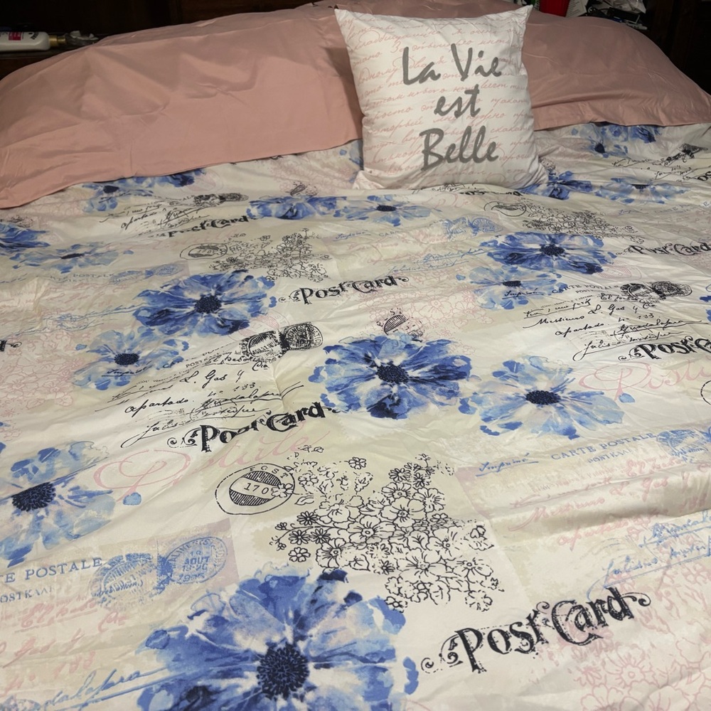 King size comforter with Paris details in pink and blue.